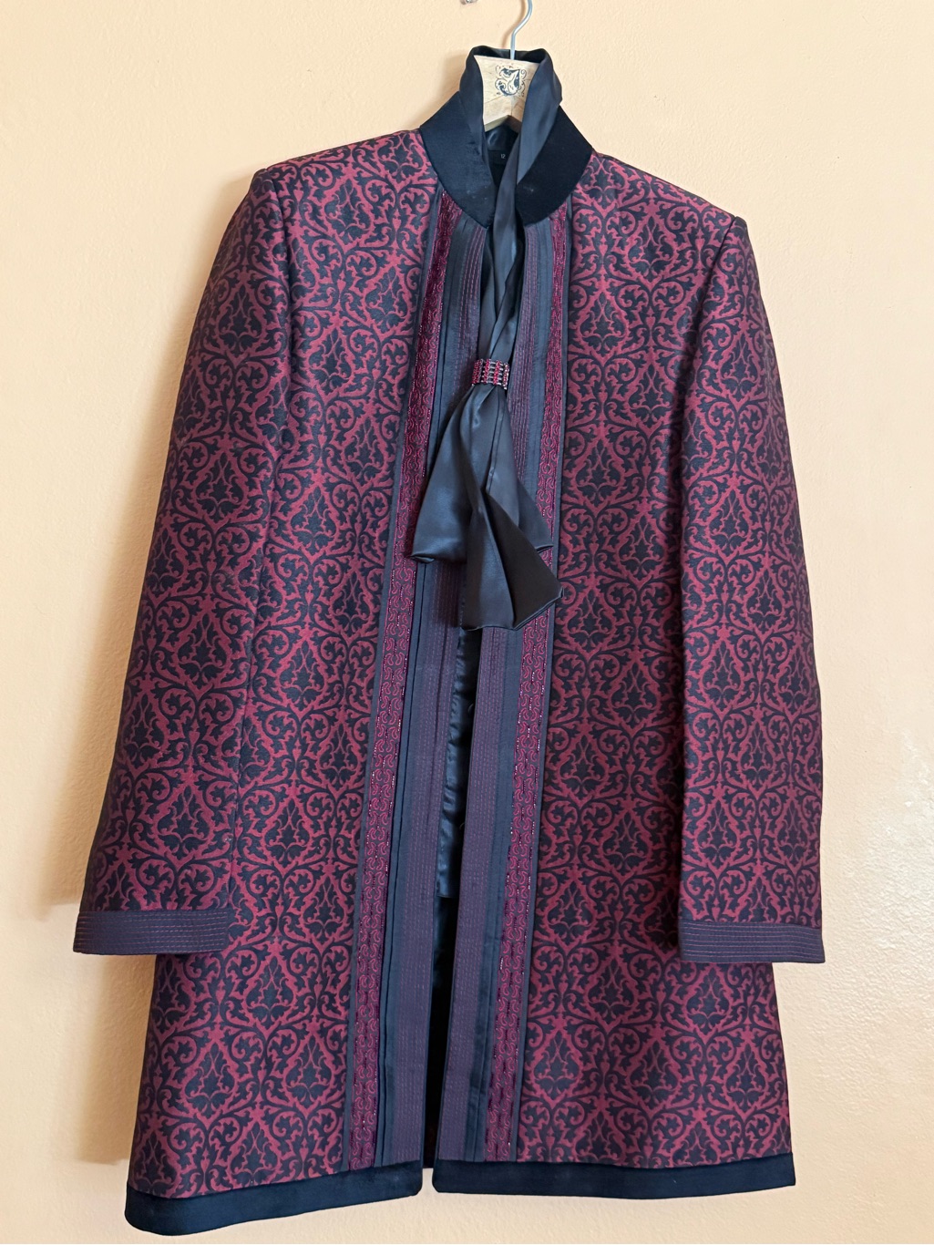 Kids Burgundy Patterned Trench Coat With Black Trim